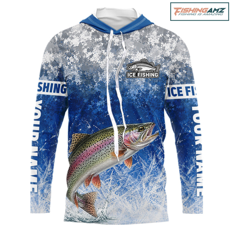 Ice Fishing Shirt With Rainbow Trout & Winter Camo Design, Fishing Shirt Hooded Long Sleeve For Men NHT1375