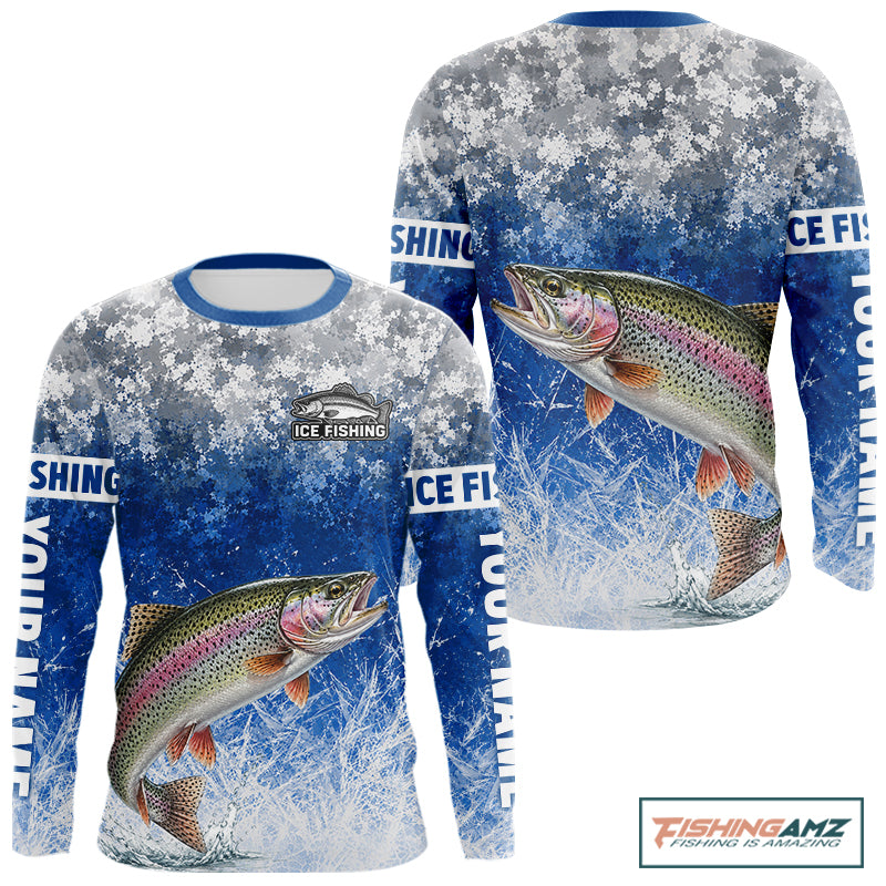 Ice Fishing Shirt With Rainbow Trout & Winter Camo Design, Fishing Shirt Long Sleeve For Men NHT1375