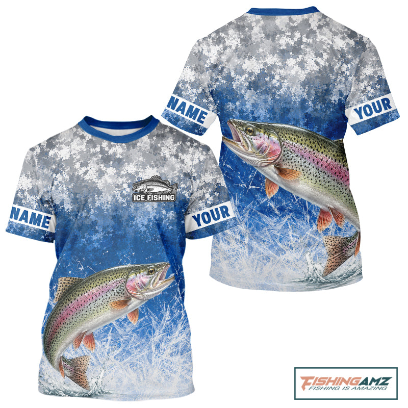 Ice Fishing Shirt With Rainbow Trout & Winter Camo Design, Fishing Shirt Short Sleeve For Men NHT1375
