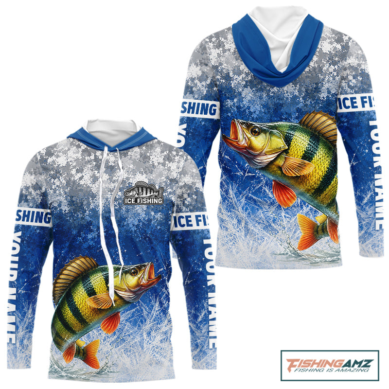 Ice Fishing Shirt With Yellow Perch & Winter Camo Design, Fishing Shirts Hooded Long Sleeve For Men NHT1376