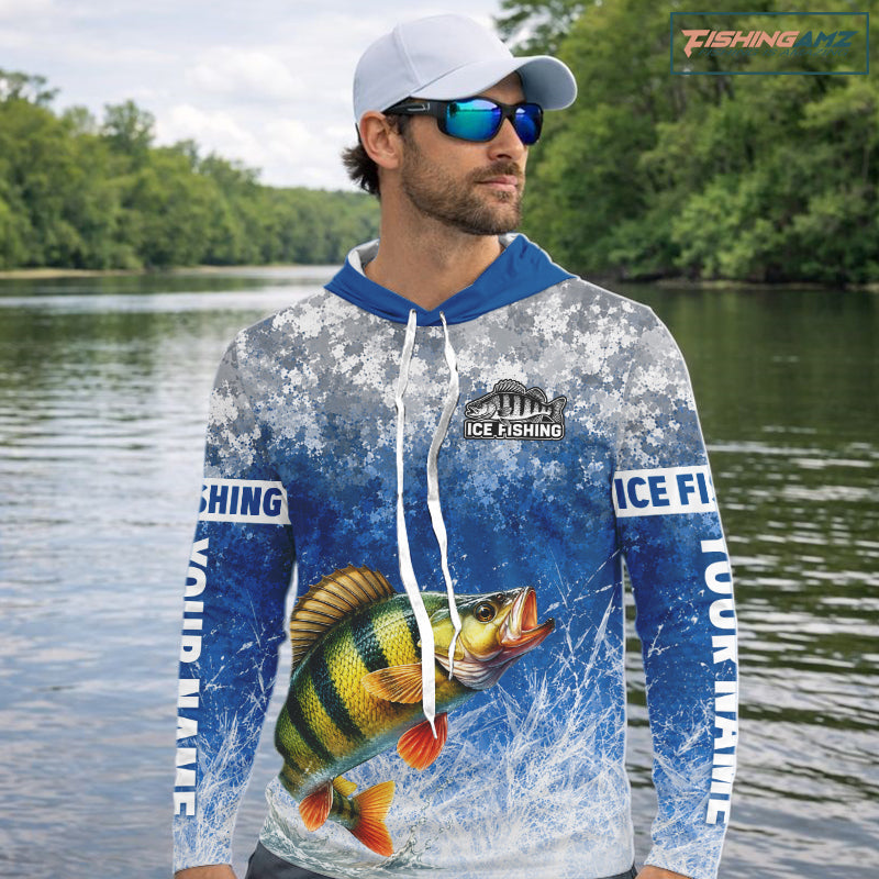 Ice Fishing Shirt With Yellow Perch & Winter Camo Design, Fishing Shirts Hooded Long Sleeve For Men NHT1376