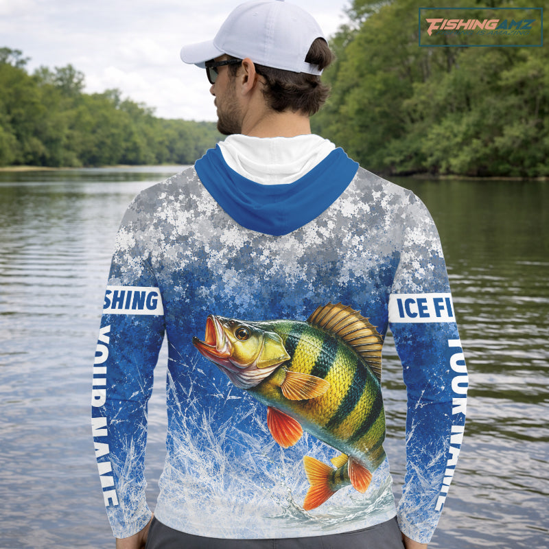 Ice Fishing Shirt With Yellow Perch & Winter Camo Design, Fishing Shirts Hooded Long Sleeve For Men NHT1376
