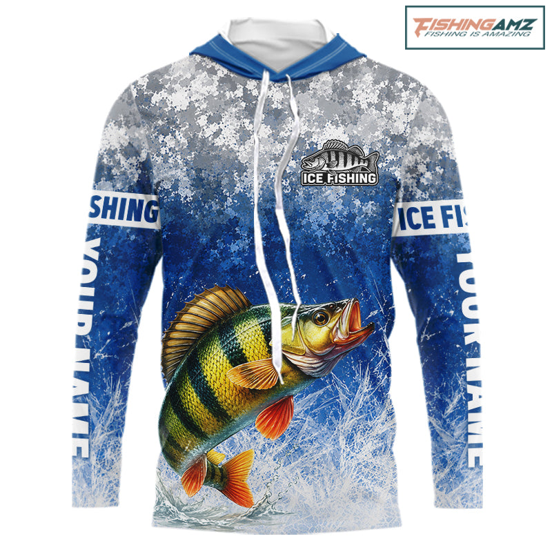 Ice Fishing Shirt With Yellow Perch & Winter Camo Design, Fishing Shirts Hooded Long Sleeve For Men NHT1376