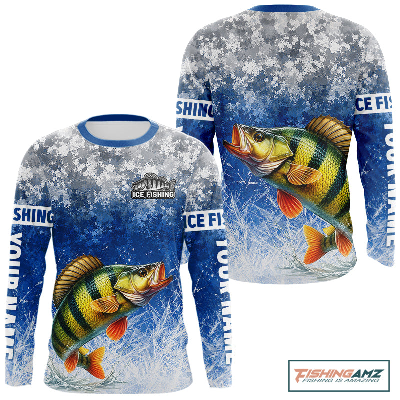 Ice Fishing Shirt With Yellow Perch & Winter Camo Design, Fishing Shirts Long Sleeve For Men NHT1376