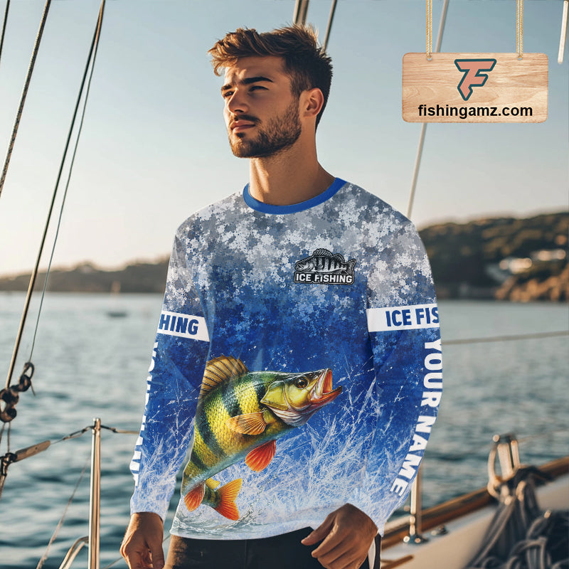 Ice Fishing Shirt With Yellow Perch & Winter Camo Design, Fishing Shirts Long Sleeve For Men NHT1376