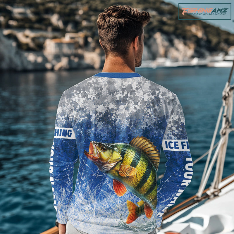 Ice Fishing Shirt With Yellow Perch & Winter Camo Design, Fishing Shirts Long Sleeve For Men NHT1376