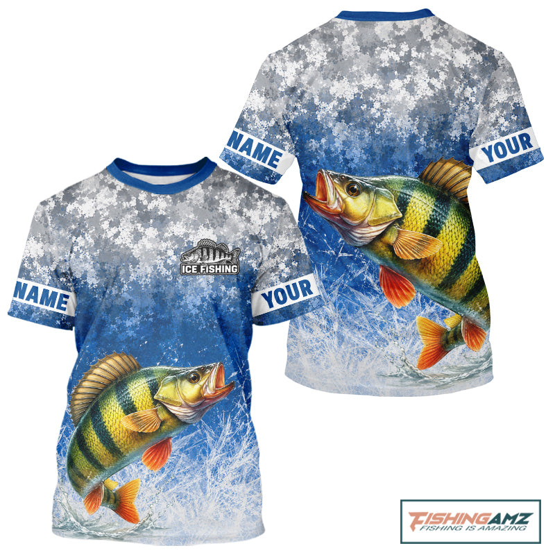 Ice Fishing Shirt With Yellow Perch & Winter Camo Design, Fishing Shirts Short Sleeve For Men NHT1376