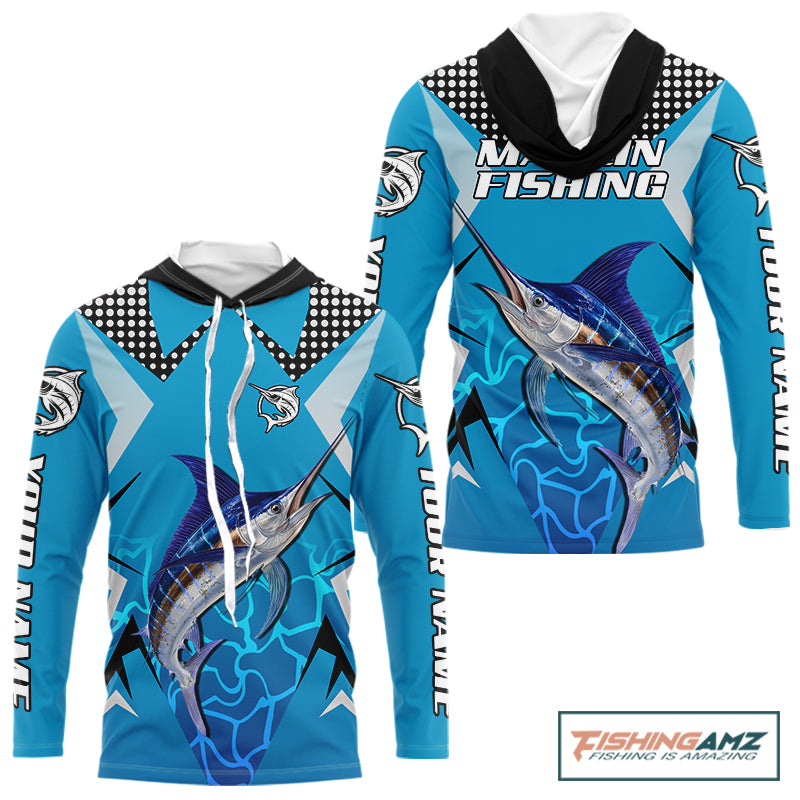 Marlin Fishing Blue Camo Custom Name Long Sleeve Hooded, Long Sleeve Fishing Shirt For Men NHT465