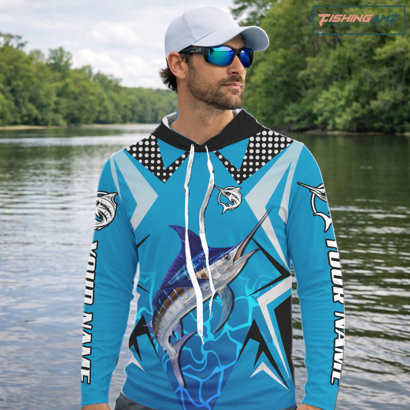 Marlin Fishing Blue Camo Custom Name Long Sleeve Hooded, Long Sleeve Fishing Shirt For Men NHT465