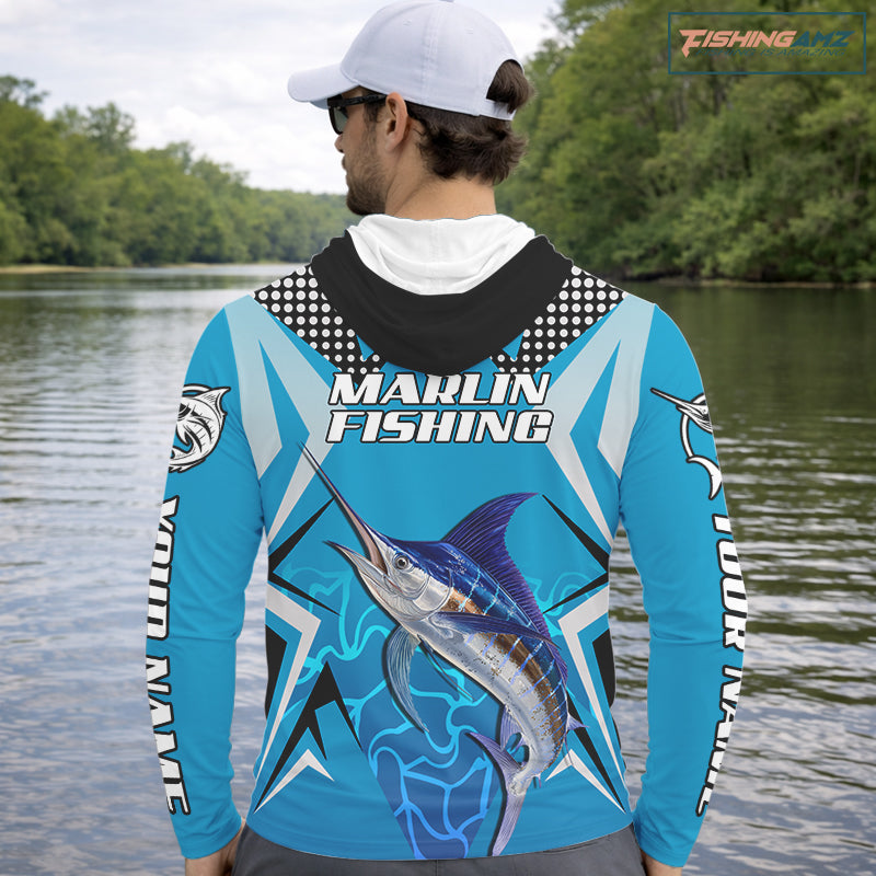 Marlin Fishing Blue Camo Custom Name Long Sleeve Hooded, Long Sleeve Fishing Shirt For Men NHT465