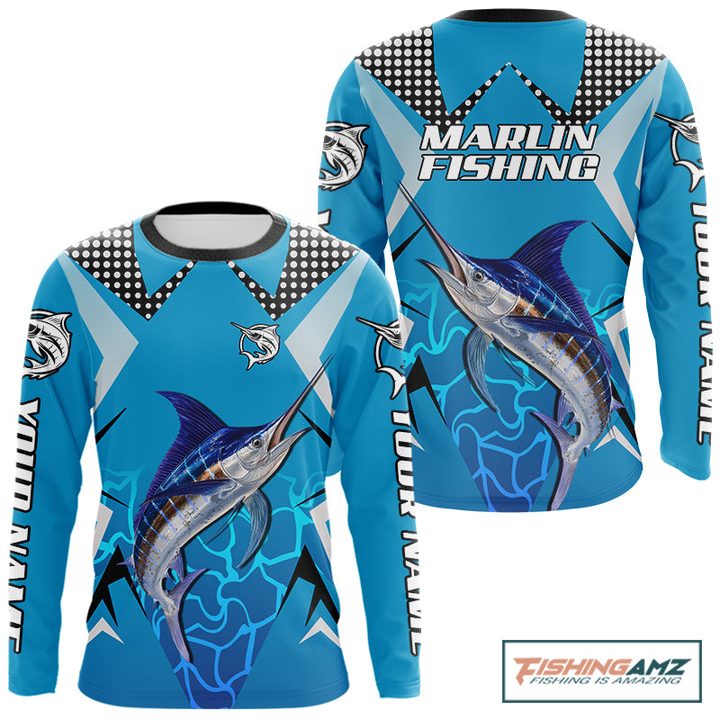Marlin Fishing Blue Camo Custom Name Long Sleeve, Long Sleeve Fishing Shirt For Men NHT465