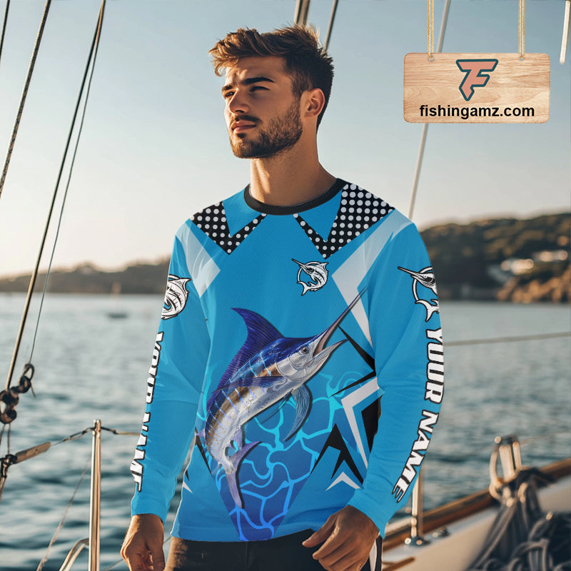 Marlin Fishing Blue Camo Custom Name Long Sleeve, Long Sleeve Fishing Shirt For Men NHT465