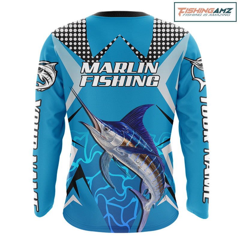 Marlin Fishing Blue Camo Custom Name Long Sleeve, Long Sleeve Fishing Shirt For Men NHT465