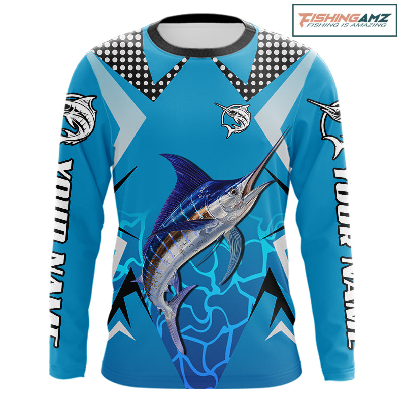 Marlin Fishing Blue Camo Custom Name Long Sleeve, Long Sleeve Fishing Shirt For Men NHT465