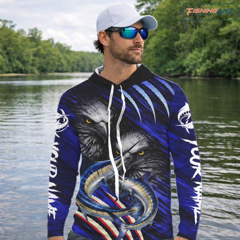 Marlin & Eagle Design Fishing Shirt Long Sleeve Hooded, Marlin Fishing Shirt For Men NHT468