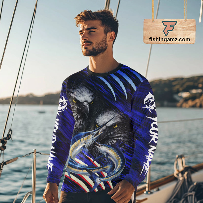 Marlin & Eagle Design Fishing Shirt Long Sleeve, Marlin Fishing Shirt For Men NHT468
