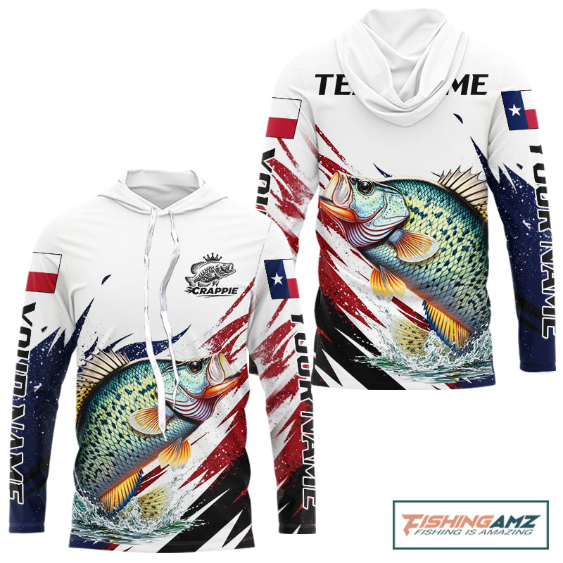 Custom Texas Flag Crappie Fishing Shirts, Texas Crappie Fishing Shirts Long Sleeve Hooded For Team