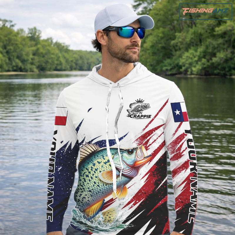 Custom Texas Flag Crappie Fishing Shirts, Texas Crappie Fishing Shirts Long Sleeve Hooded For Team
