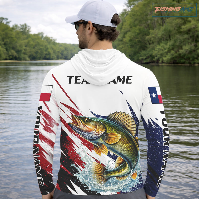 Custom Texas Flag Walleye Fishing Shirts, Texas Walleye Fishing Shirts Long Sleeve Hooded For Team NHT911
