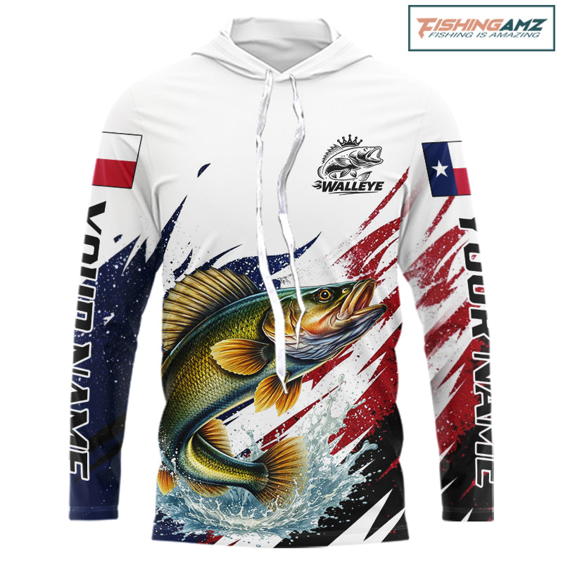 Custom Texas Flag Walleye Fishing Shirts, Texas Walleye Fishing Shirts Long Sleeve Hooded For Team