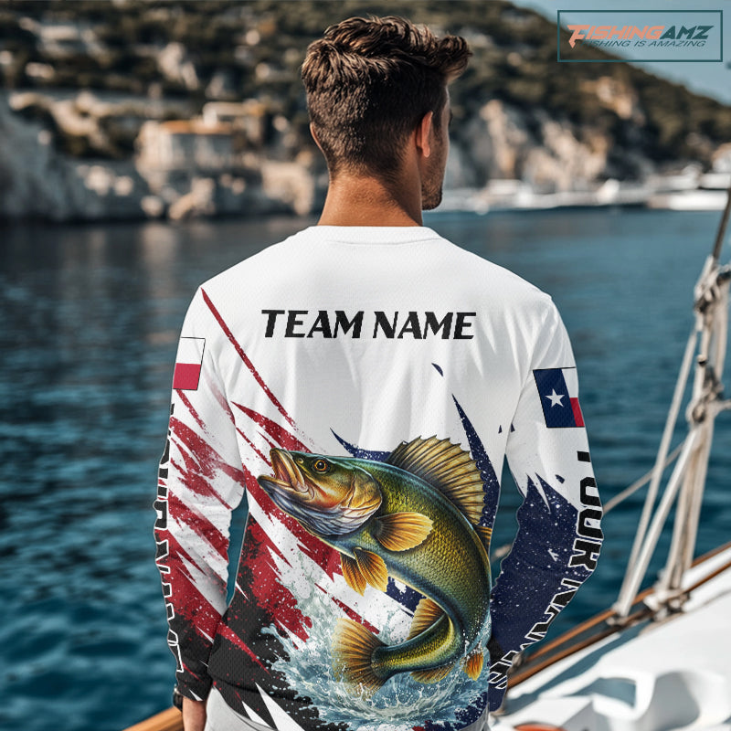 Custom Texas Flag Walleye Fishing Shirts, Texas Walleye Fishing Shirts Long Sleeve For Team