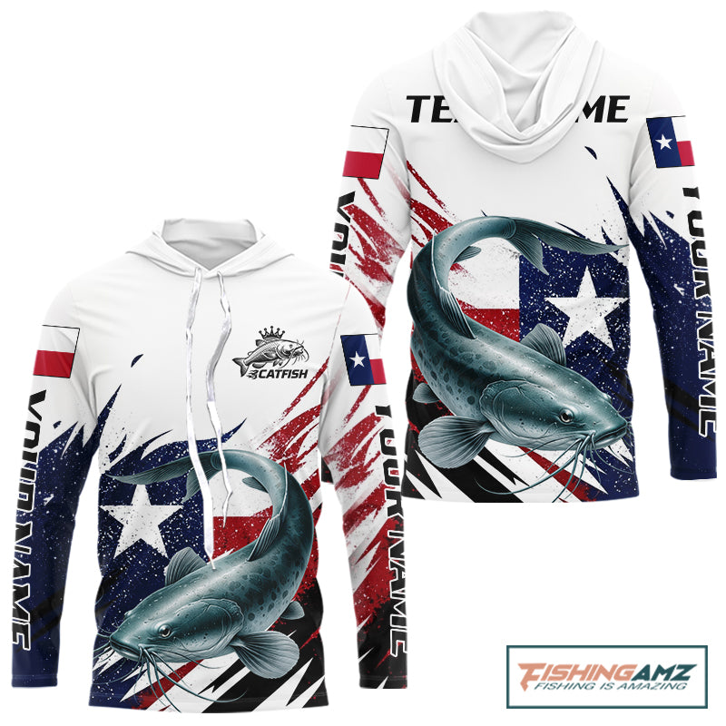 Custom Texas Flag Catfish Fishing Shirts, Texas Catfish Fishing Shirts Long Sleeve Hooded Hooded For Team