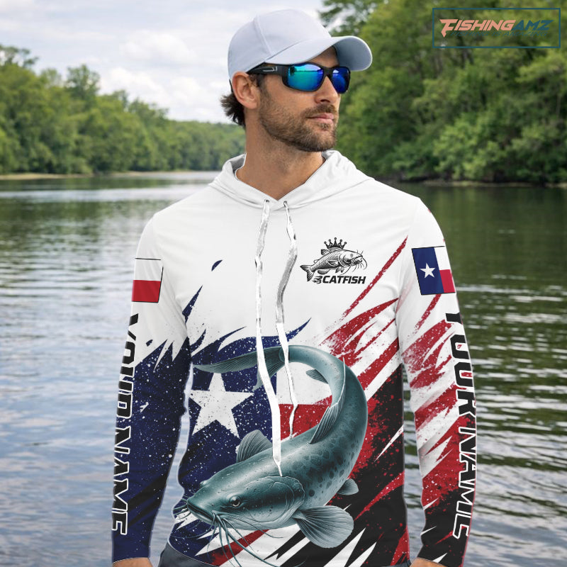Custom Texas Flag Catfish Fishing Shirts, Texas Catfish Fishing Shirts Long Sleeve Hooded Hooded For Team