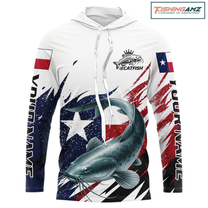 Custom Texas Flag Catfish Fishing Shirts, Texas Catfish Fishing Shirts Long Sleeve Hooded Hooded For Team