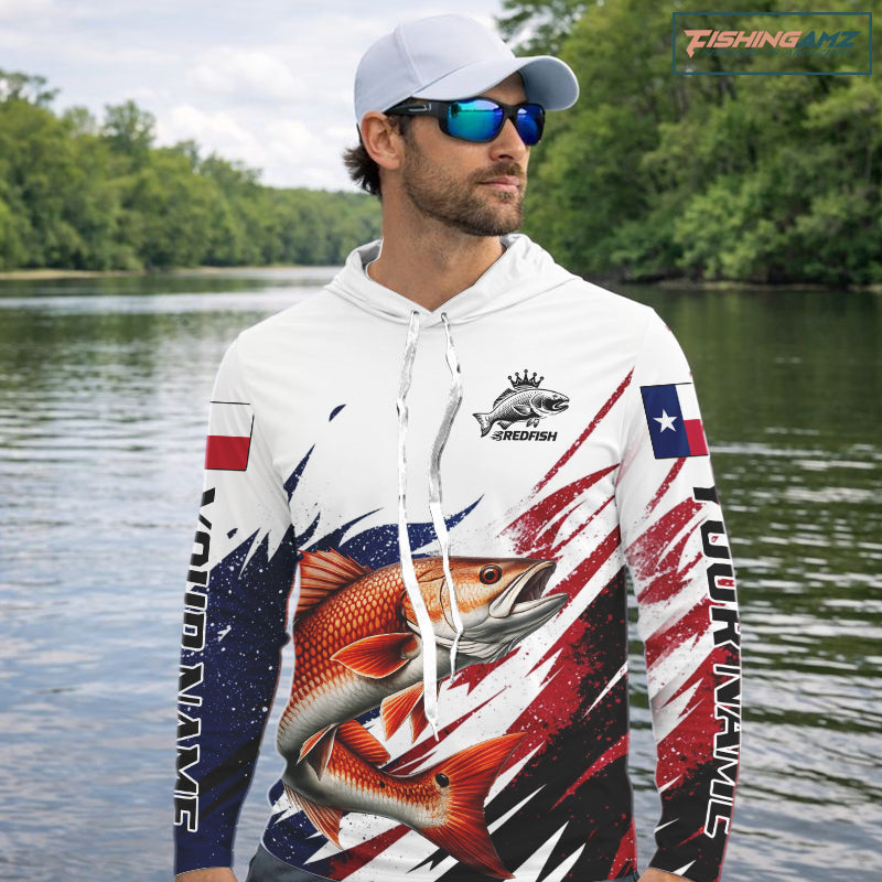 Custom Texas Flag Redfish Fishing Shirts, Texas Red Drum Fishing Shirts Long Sleeve Hooded For Team