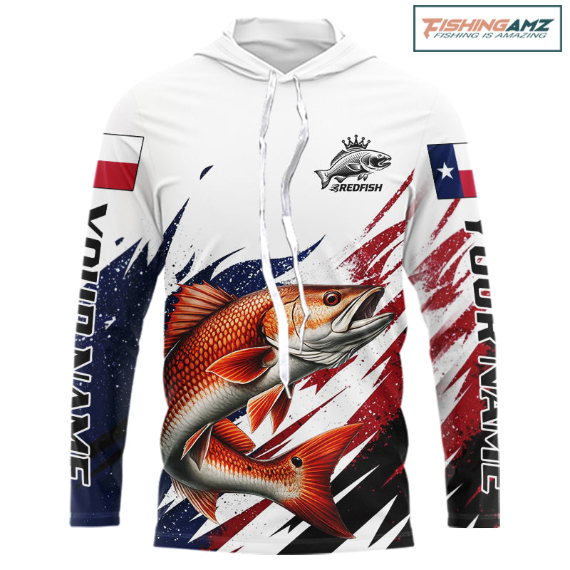 Custom Texas Flag Redfish Fishing Shirts, Texas Red Drum Fishing Shirts Long Sleeve Hooded For Team