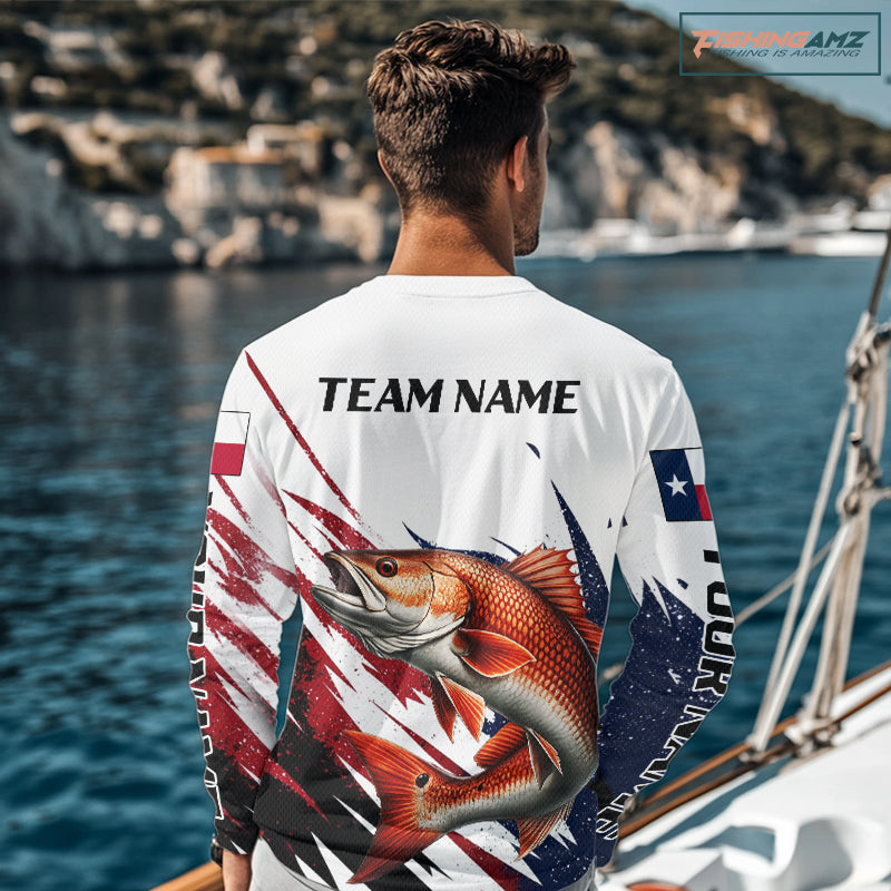 Custom Texas Flag Redfish Fishing Shirts, Texas Red Drum Fishing Shirts Long Sleeve For Team
