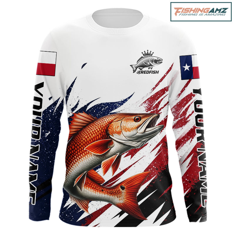 Custom Texas Flag Redfish Fishing Shirts, Texas Red Drum Fishing Shirts Long Sleeve For Team