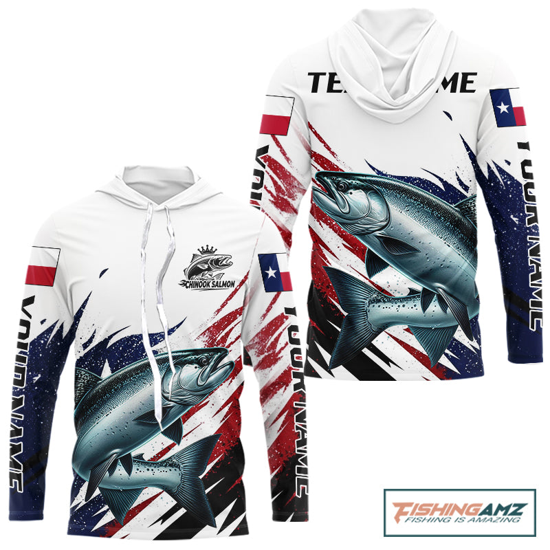 Custom Texas Flag Chinook Salmon Fishing Shirts, Texas Salmon Fishing Shirts Long Sleeve Hooded For Team