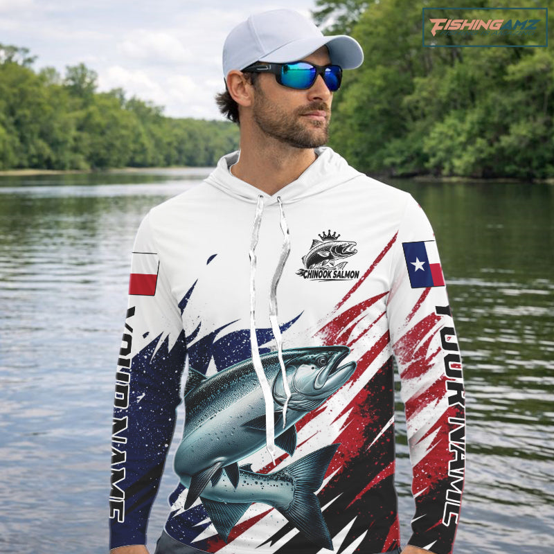 Custom Texas Flag Chinook Salmon Fishing Shirts, Texas Salmon Fishing Shirts Long Sleeve Hooded For Team