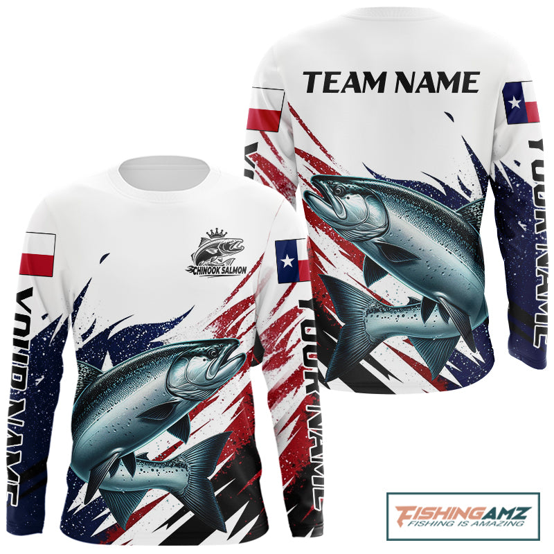 Custom Texas Flag Chinook Salmon Fishing Shirts, Texas Salmon Fishing Shirts Long Sleeve For Team