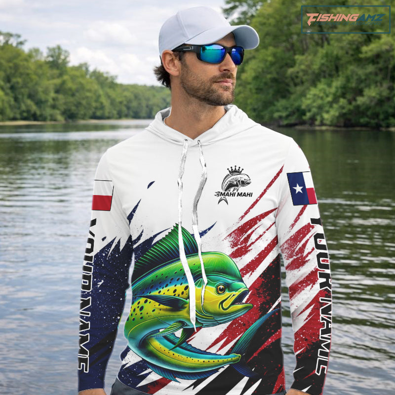 Custom Texas Flag Mahi Mahi Fishing Shirts, Texas Dolphin Fishing Shirts Long Sleeve Hooded For Team