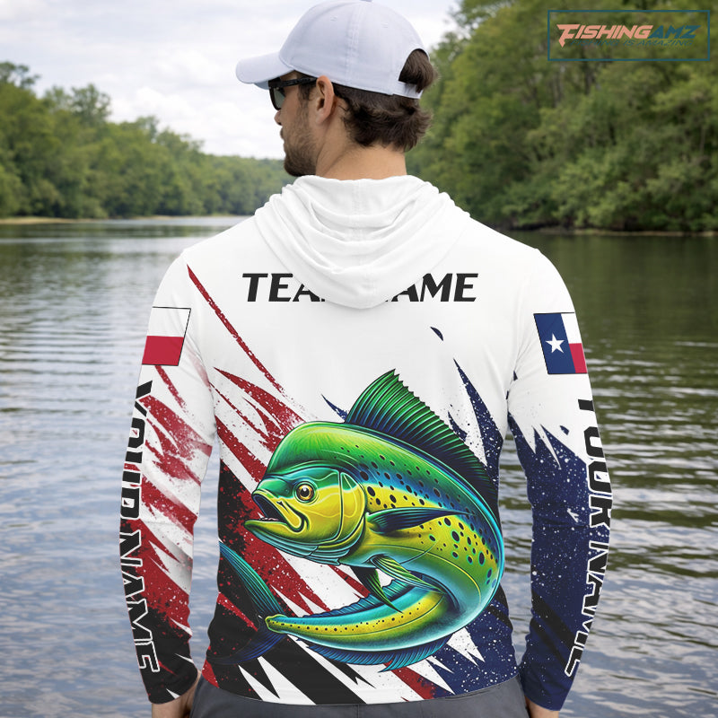 Custom Texas Flag Mahi Mahi Fishing Shirts, Texas Dolphin Fishing Shirts Long Sleeve Hooded For Team