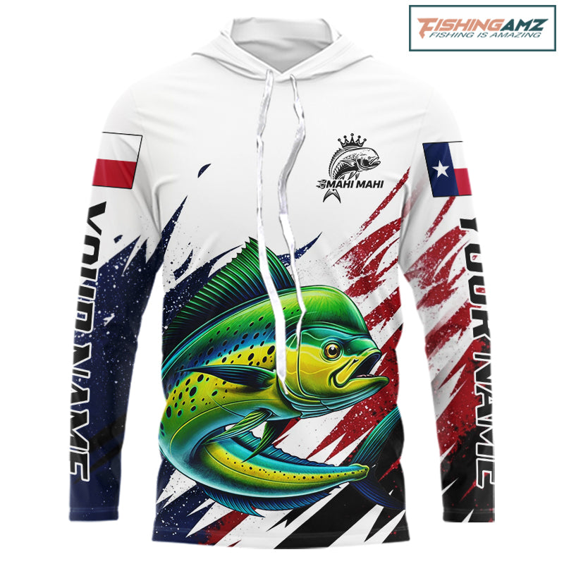 Custom Texas Flag Mahi Mahi Fishing Shirts, Texas Dolphin Fishing Shirts Long Sleeve Hooded For Team