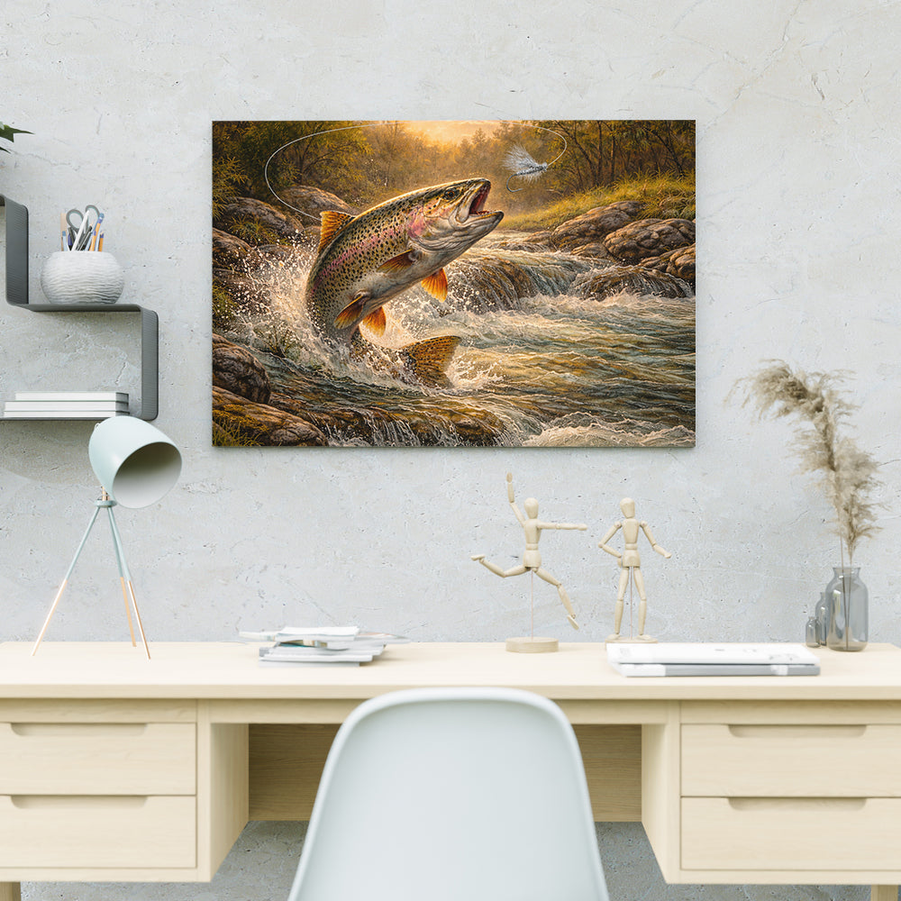 Rainbow Trout Canvas Wall Art – Large Trout Catching Fly Lure Painting on Canvas NHT470