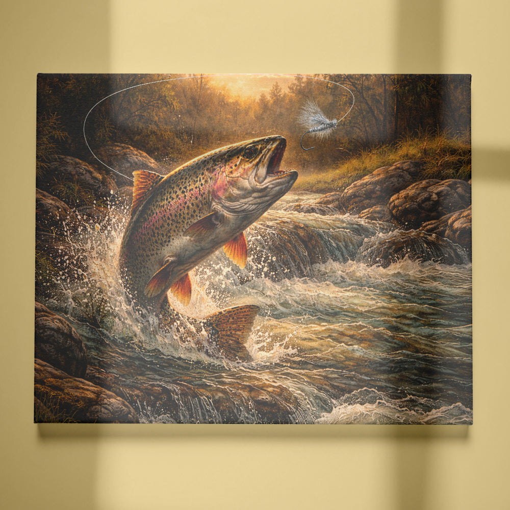 Rainbow Trout Canvas Wall Art – Large Trout Catching Fly Lure Painting on Canvas NHT470