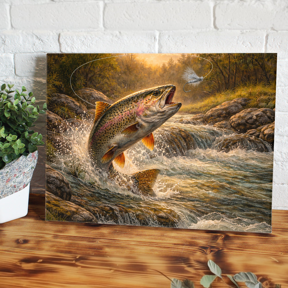Rainbow Trout Canvas Wall Art – Large Trout Catching Fly Lure Painting on Canvas NHT470