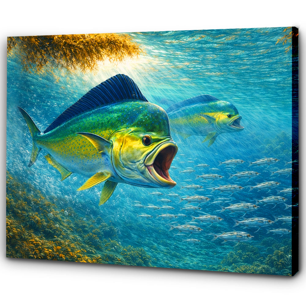 Mahi Mahi Canvas Wall Art – Dolphin Fish Hunting Underwater Painting on Canvas, Saltwater Fishing Canvas Art NHT473