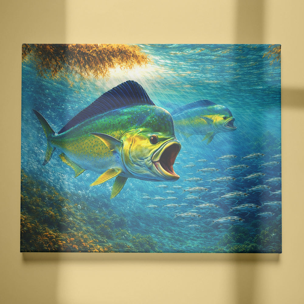 Mahi Mahi Canvas Wall Art – Dolphin Fish Hunting Underwater Painting on Canvas, Saltwater Fishing Canvas Art NHT473