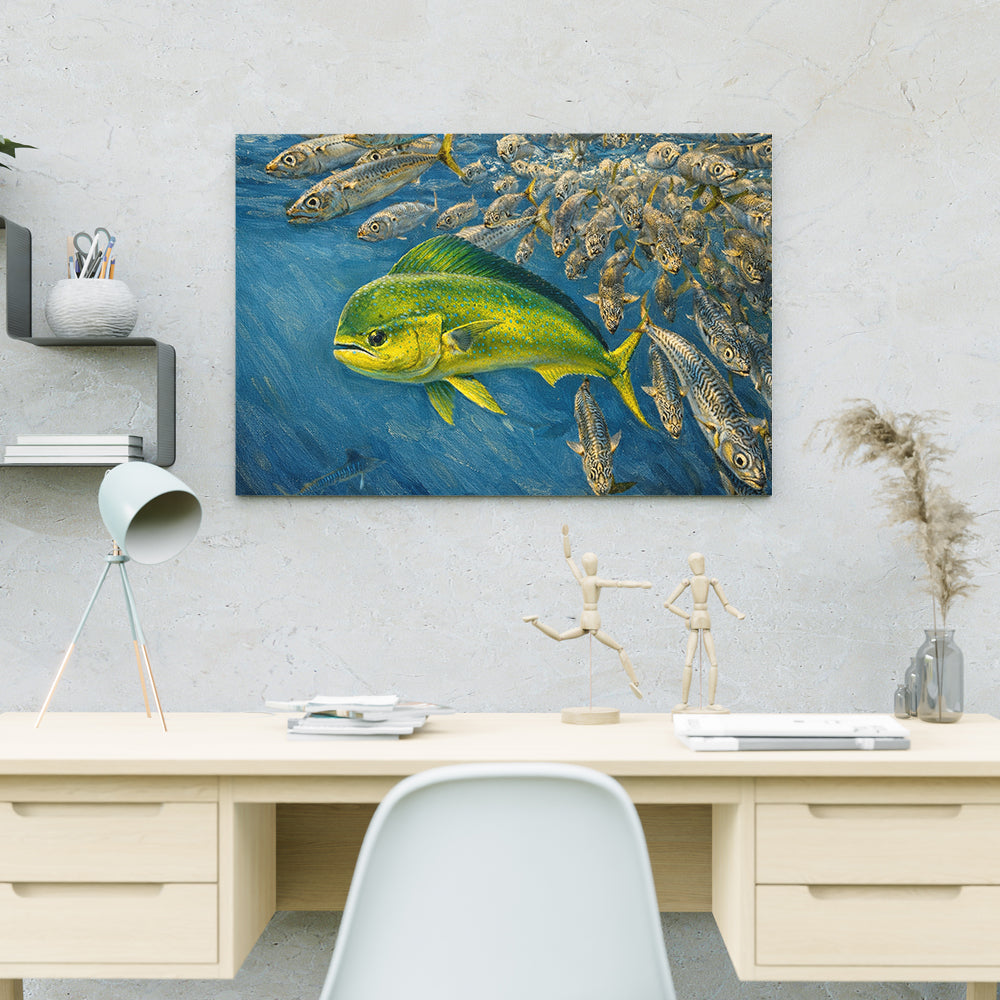 Mahi Mahi Fishing Canvas 3D Fish Pictures Wall Art – Dynamic Mahi Mahi Hunting Prey Underwater, Ocean Fishing Artwork NHT474