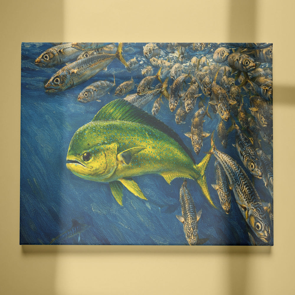 Mahi Mahi Fishing Canvas 3D Fish Pictures Wall Art – Dynamic Mahi Mahi Hunting Prey Underwater, Ocean Fishing Artwork NHT474