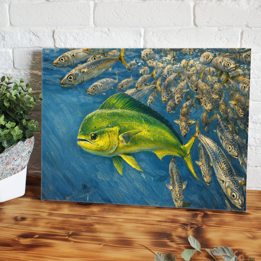 Mahi Mahi Fishing Canvas 3D Fish Pictures Wall Art – Dynamic Mahi Mahi Hunting Prey Underwater, Ocean Fishing Artwork NHT474