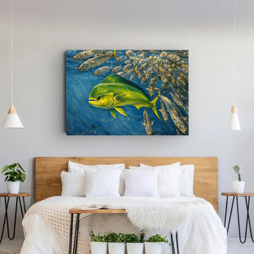 Mahi Mahi Fishing Canvas 3D Fish Pictures Wall Art – Dynamic Mahi Mahi Hunting Prey Underwater, Ocean Fishing Artwork NHT474