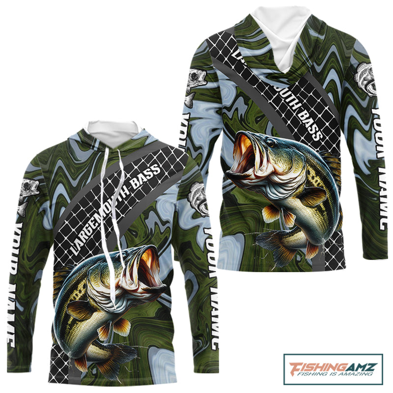 Largemouth Bass Hooded Fishing Shirt Long Sleeve Abstract Green Camo Performance Jersey For Men NHT922