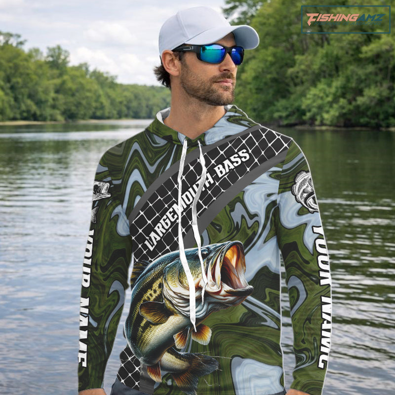 Largemouth Bass Hooded Fishing Shirt Long Sleeve Abstract Green Camo Performance Jersey For Men NHT922