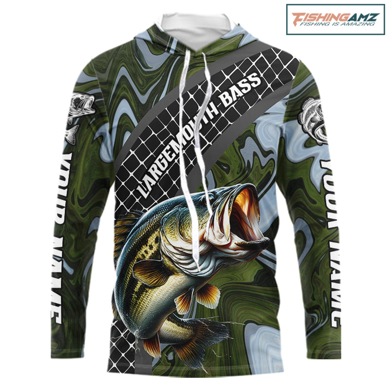 Largemouth Bass Hooded Fishing Shirt Long Sleeve Abstract Green Camo Performance Jersey For Men NHT922